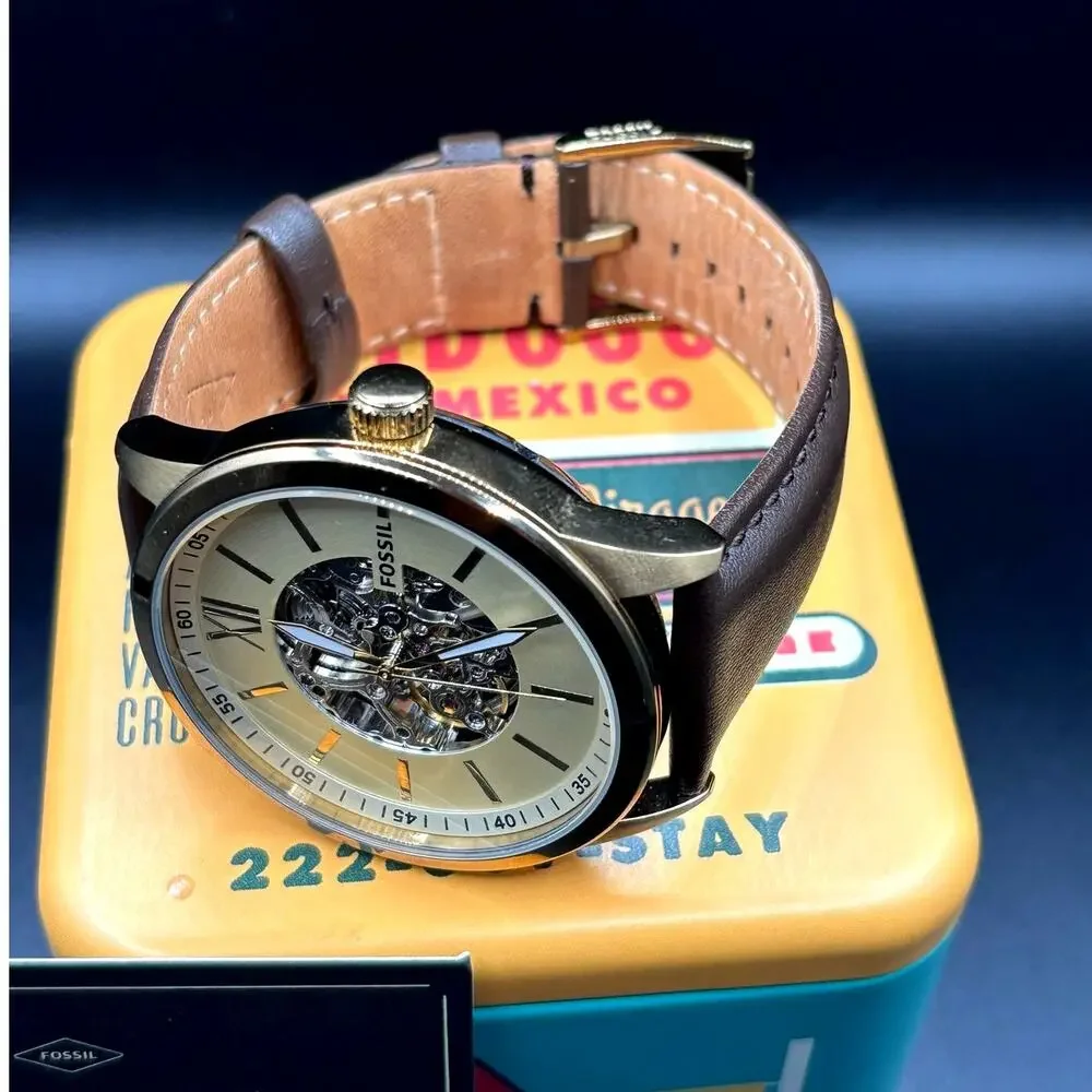 Fossil Flynn BQ2382 Automatic Men's Watch Skeleton Dial Leather Strap 48mm